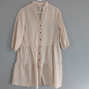 Beachsissi Beige Gingham‎ Button Front Tiered Dress S Cottagecore Milkmaid Dress